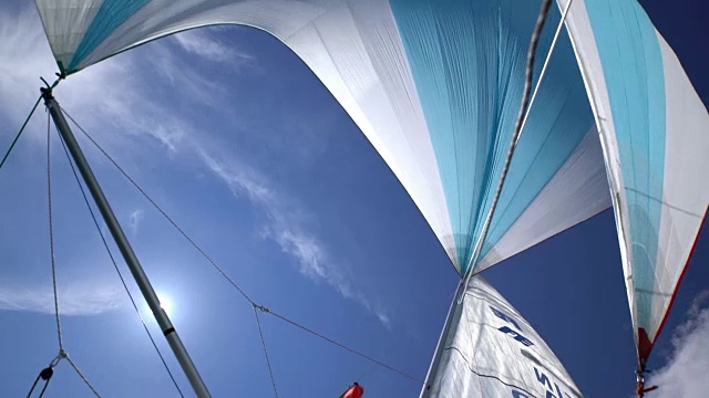 游艇船头的三角帆，蓝天和阳光。视频下载