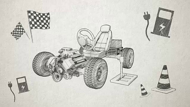 混合动力汽车、电子、氢、锂离子电池汽车。素描形象。视频素材