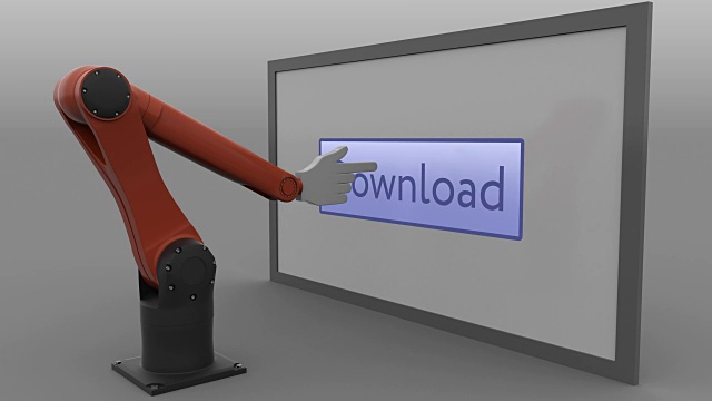 程式化的机器人手臂点击下载按钮。用户支持或软件购买概念。无缝循环，FullHD剪辑，ProRes视频下载