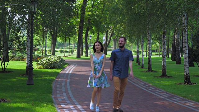 年轻夫妇与桦树在夏季公园散步视频素材