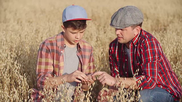 年轻的农民和爸爸在地里视频素材