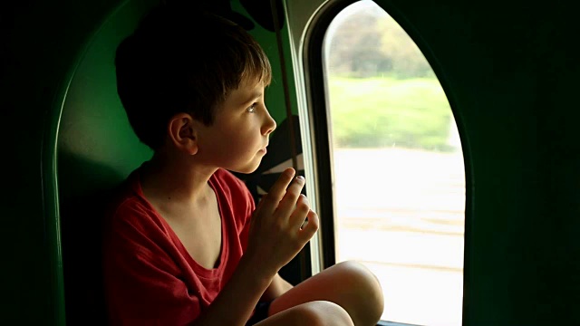 一个孩子在高速行驶的火车上吹小号。背景是风景，孩子在玩玩具喇叭。小男孩乘火车旅行视频下载