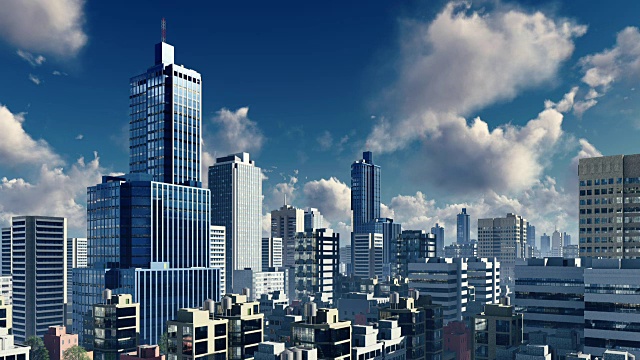 白天的云朵笼罩在抽象的大城市天际线上视频素材