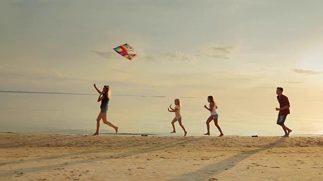 一群孩子和大人一起玩。让他们在空中放风筝，在沙滩上奔跑视频素材
