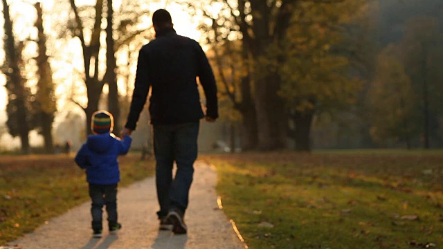 父亲和儿子散步在秋天的公园户外视频素材