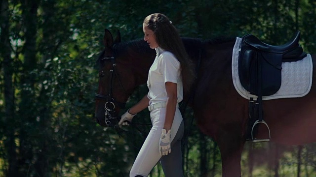 美丽的女孩在乡下骑马。套装骑士视频素材
