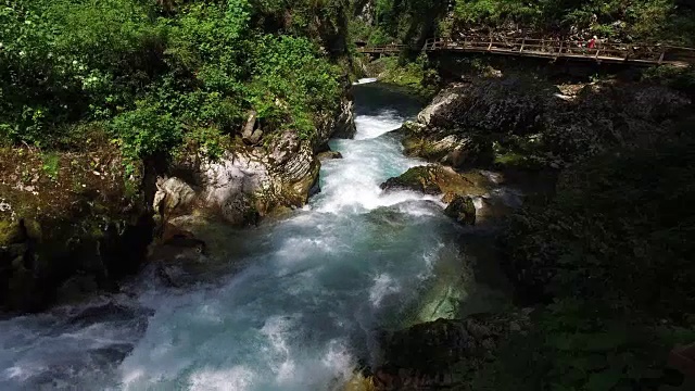 拉多夫纳河流经Vintgar峡谷。人们四处走动。清澈的蓝色的水和绿色的森林。特里格拉夫国家公园，朱利安阿尔卑斯山，布莱德山谷，斯洛文尼亚。视频下载