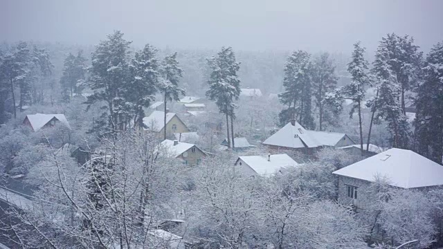 美丽的冬季风景，雪花落在寂静的乡村房屋和松树上视频素材