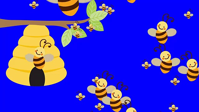 蜂箱和许多蜜蜂飞行在一个蓝屏背景视频素材