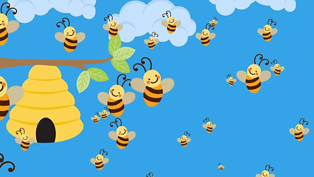 卡通蜜蜂飞到她的蜂巢在一个美好的日子视频素材