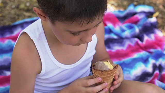 六岁的小男孩在公园里吃冰淇淋视频素材