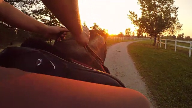 近距离镜头:一位面目全非的女子在夕阳下骑着一匹棕色的马视频下载