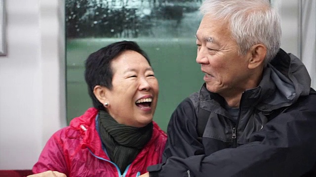 年老的亚洲夫妇一起乘坐火车。退休后一起周游世界视频素材
