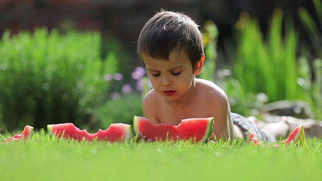 男孩，夏天在花园里吃西瓜视频下载