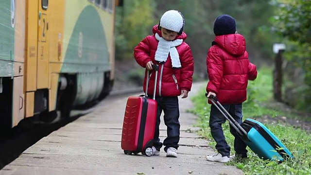 两个可爱的男孩在火车上提着行李箱，追着火车奔跑，秋天的时光视频下载