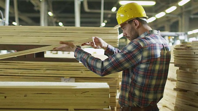 伐木厂工人在仓库里对木材进行质量控制。视频素材
