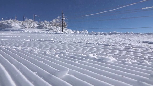 慢镜头特写:极限滑雪板雕刻在滑雪胜地的精心修剪的雪上视频素材