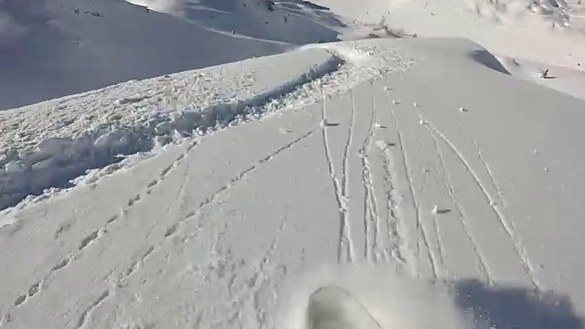 FPV:滑雪者享受骑在新鲜的粉末雪和做粉末转弯视频素材