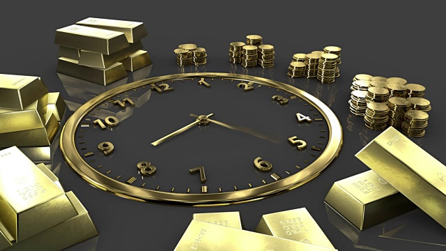时间就是金钱。时钟时间流逝。带金条的金表。视频素材
