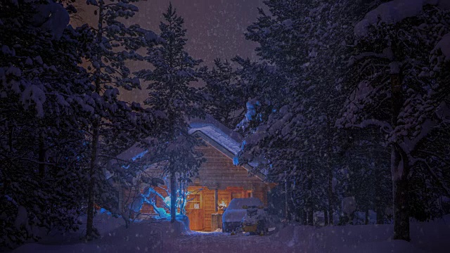 森林里的房子在晚上和下雪。UHD视频素材