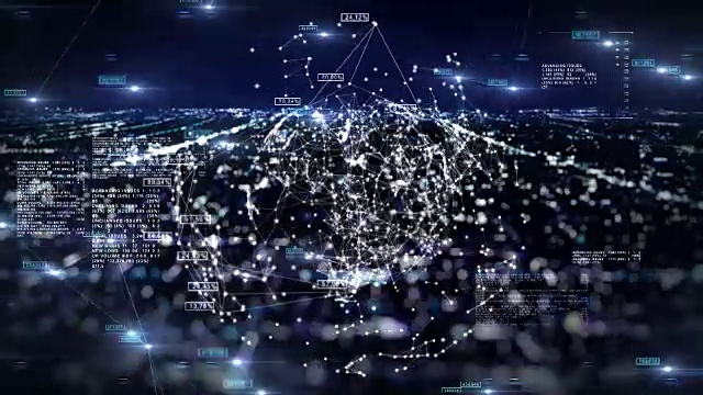 全球商业网络与数字之上的夜晚城市灯光。3d无缝动画的技术概念。毛圈。视频素材
