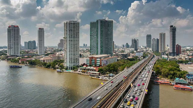 泰国晴天曼谷河大桥交通屋顶全景4k时间推移视频素材