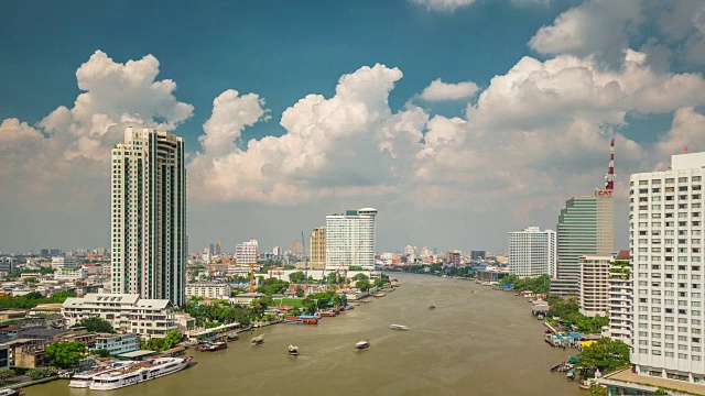 泰国晴朗多云的天空主要曼谷河交通全景4k时间流逝视频素材