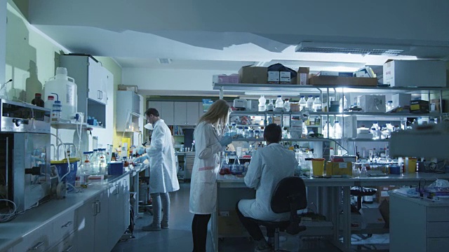 一队身穿白大褂的白种人科学家正在一个现代化的实验室里工作。视频素材