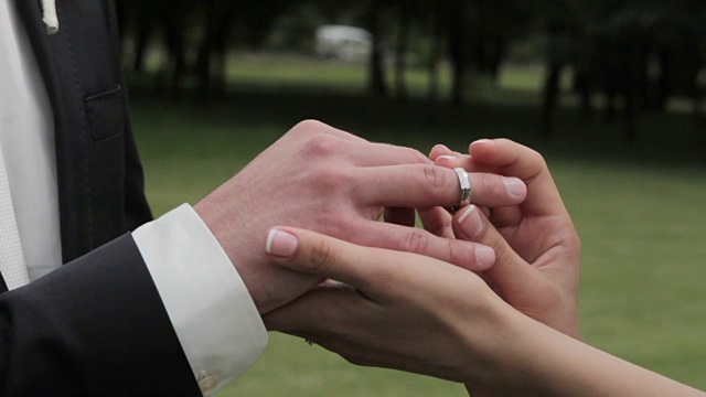 新娘把结婚戒指戴在新郎的手指上。视频下载