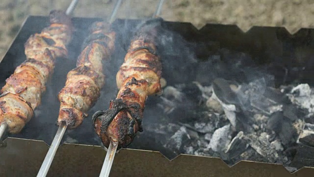 肉是放在烤架上的金属串上烤的视频下载