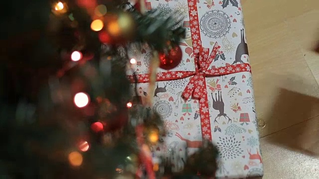 在圣诞树下放礼物。用礼物装饰圣诞树。视频下载