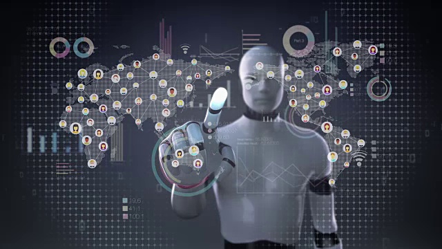 机器人触碰人，使用通讯技术。与经济关系图。视频素材