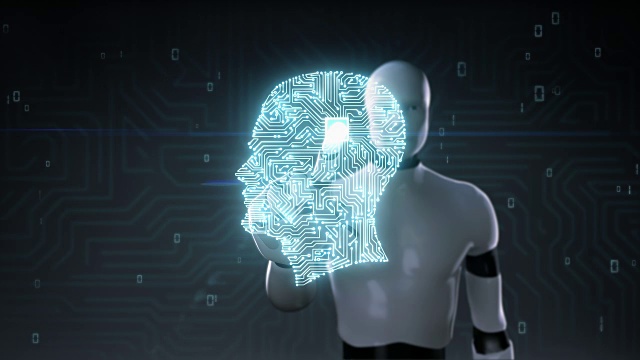 机器人触摸大脑形状的头部连接线，人工智能视频素材