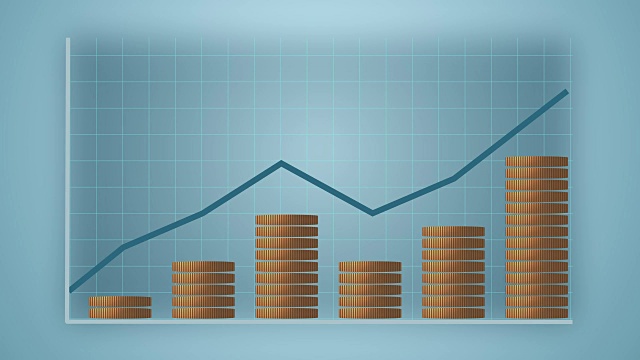 经济指标增长曲线图。动画图表与下落的硬币在灰蓝色的背景视频下载