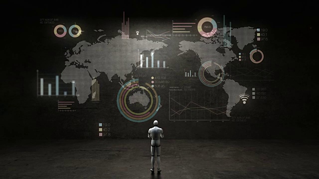 机器人立墙，利用全球通讯技术和经济图表。视频素材