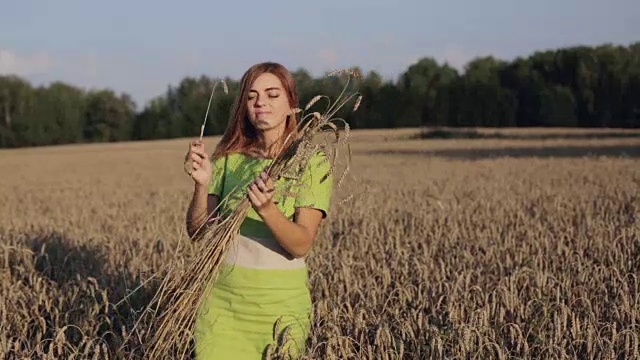 一个小女孩正在摘麦穗，把根捆成一束。视频素材