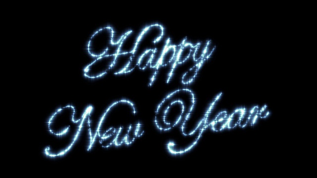 新年快乐美丽的文字动画孤立在黑色的背景。天上的星星。HD 1080。视频素材