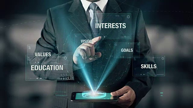 商人与成功的概念选择目标从愿景价值技能教育兴趣使用数字平板电脑视频素材