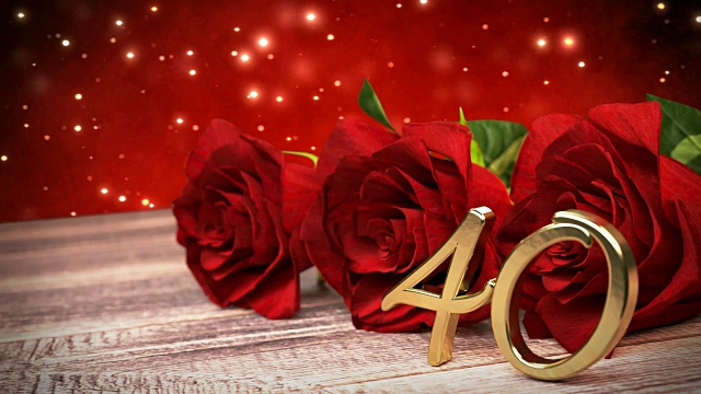 无缝环生日背景与红玫瑰木书桌。四十岁生日。第40位。三维渲染视频下载