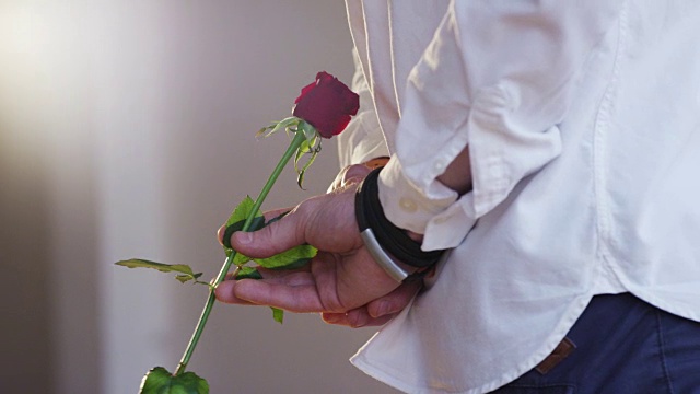 手里拿着一朵红玫瑰的男人视频素材