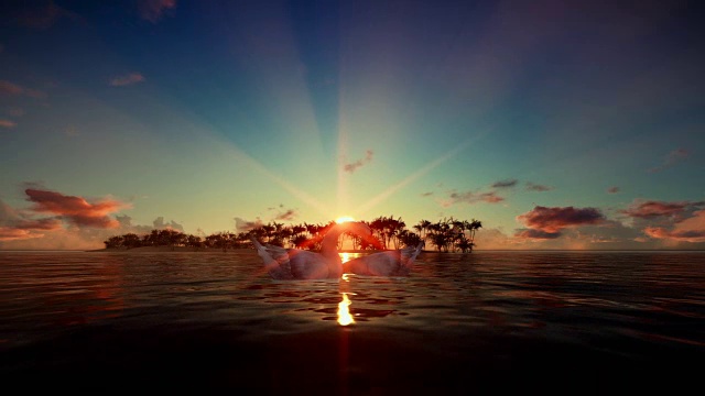 日落时，海面上的天鹅以热带岛屿为背景视频下载