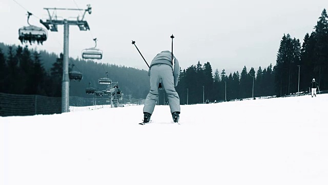 快速滑雪者下坡时将相机放在两腿之间视频素材