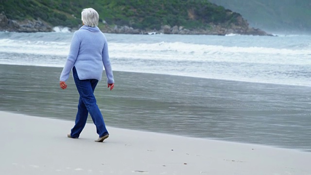 后视图的高级妇女走在海滩上视频素材