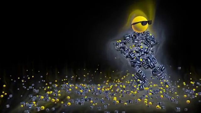 脸书图标跳舞的角色被五颜六色的灯光包围着，映衬着黑色视频下载