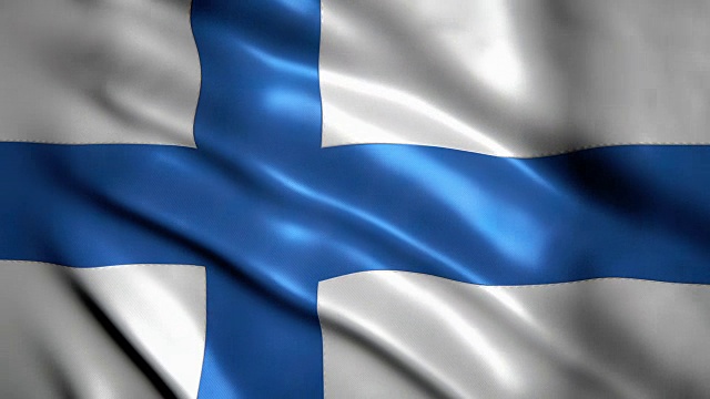 迎风飘扬的芬兰国旗，有明显的接缝和非常详细的织物纹理。视频素材