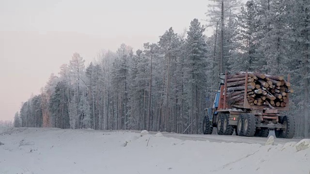 满载木材的伐木卡车行驶在积雪森林背景下的冬季土路上视频素材