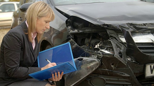 女性理赔员撰写汽车损坏报告视频素材