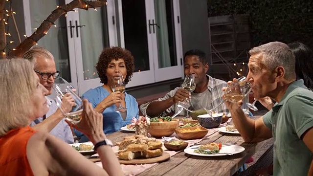 一群成熟的朋友在后院享受户外大餐视频素材