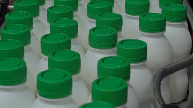 许多带着牛奶和绿色瓶盖的塑料瓶通过传送带移动视频下载