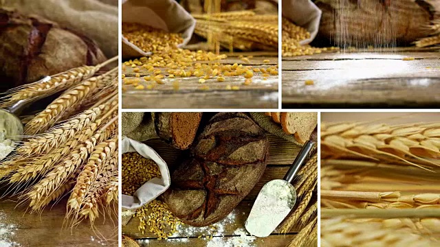 蒙太奇剪辑集显示一捆麦穗，面粉和面包在一张木桌上视频素材